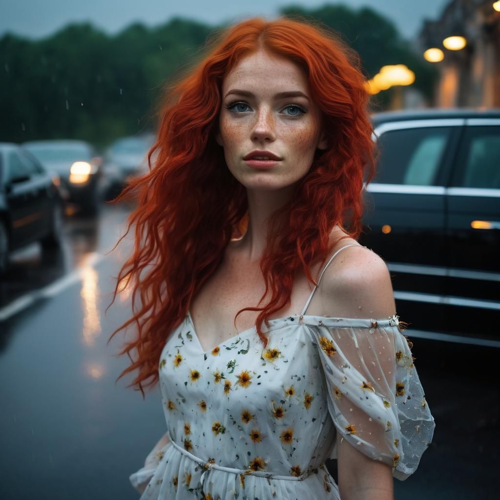 Redhead in Gala Dress Hitchhiking in Thunderstorm