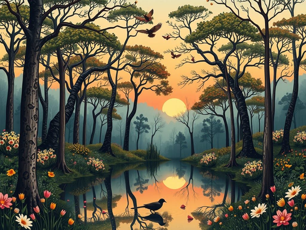 Sunrise Forest Pond in Whimsical Collage Style