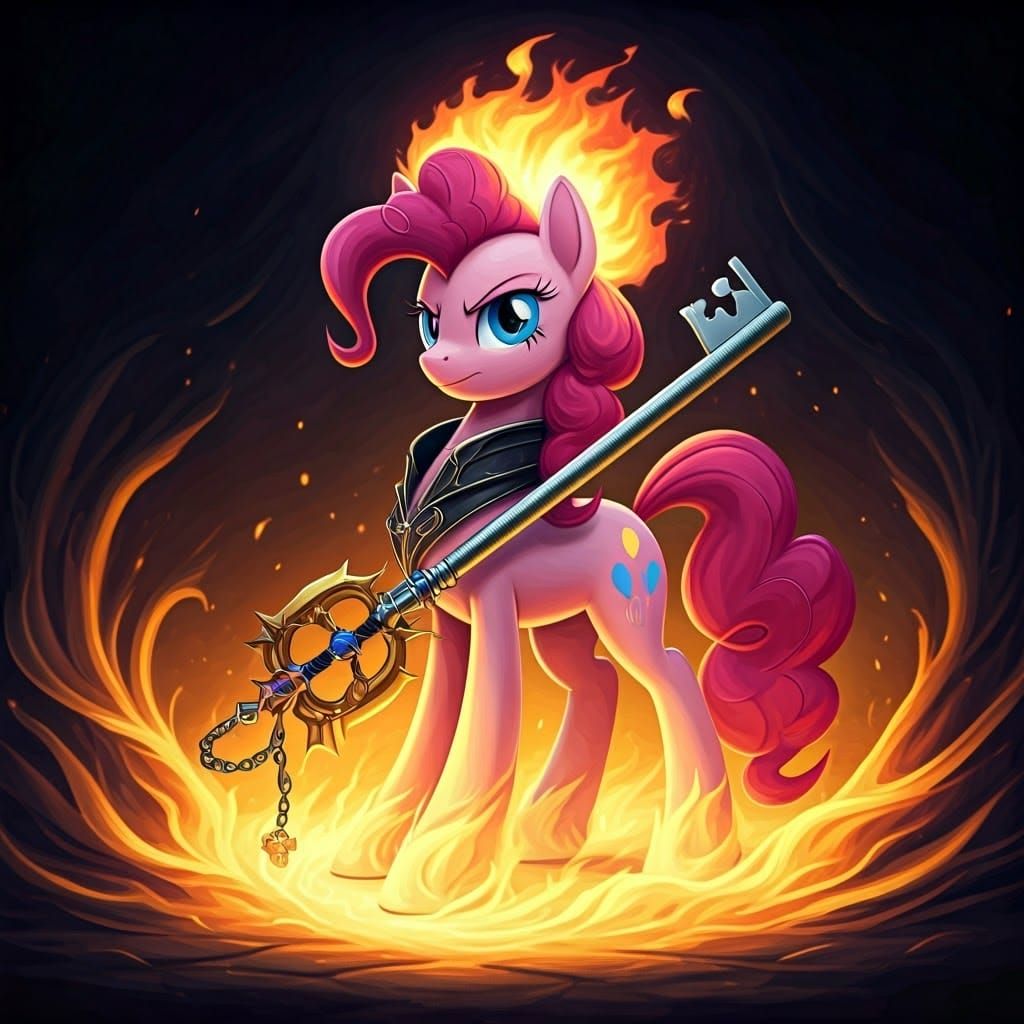 Fantasy Pony Warrior Wields Keyblade Amidst Swirling Flames