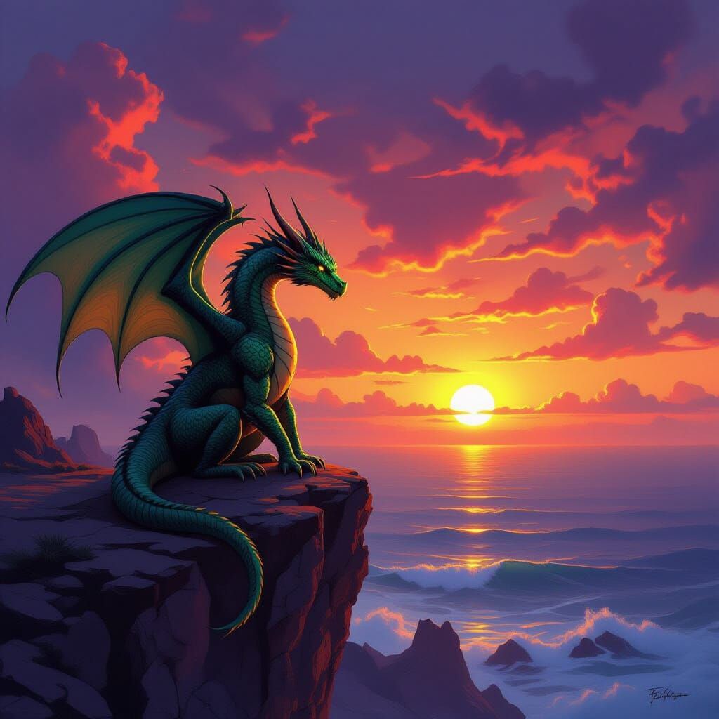 Emerald Dragon Watches Fiery Sunset From Cliff Edge