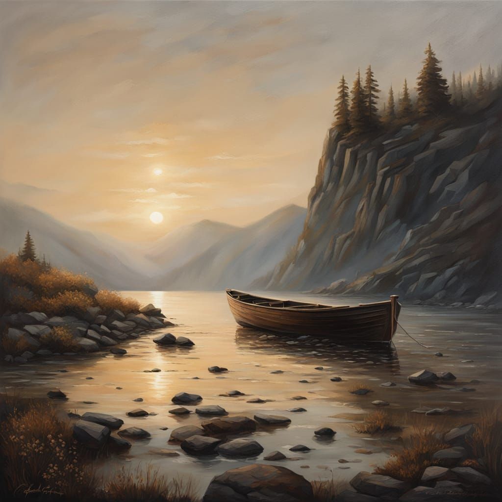 Surrealist Oil Painting of Abandoned Boat Amidst Wildflowers