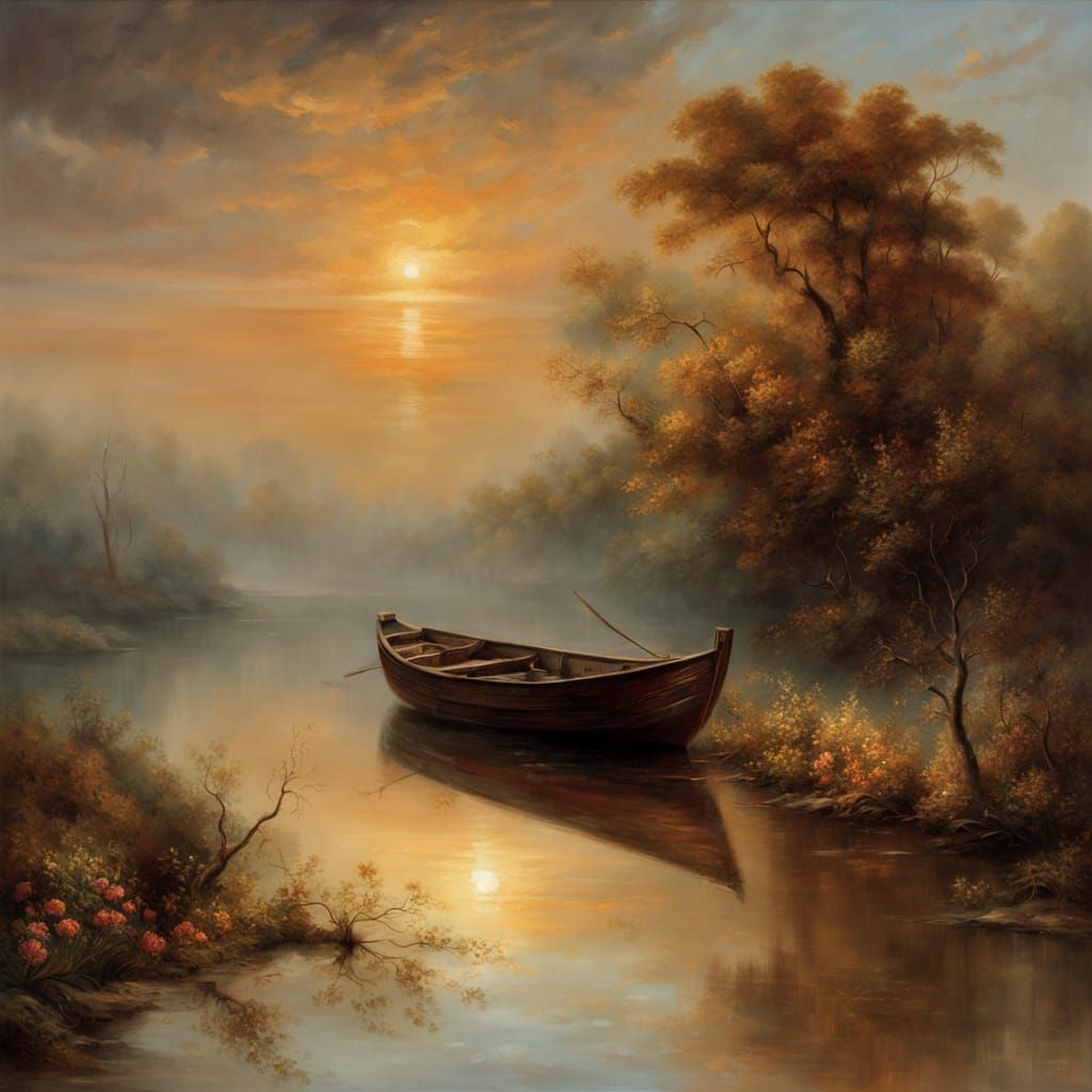 Surrealist Oil Painting of a Rustic Boat in a Golden Hour La...