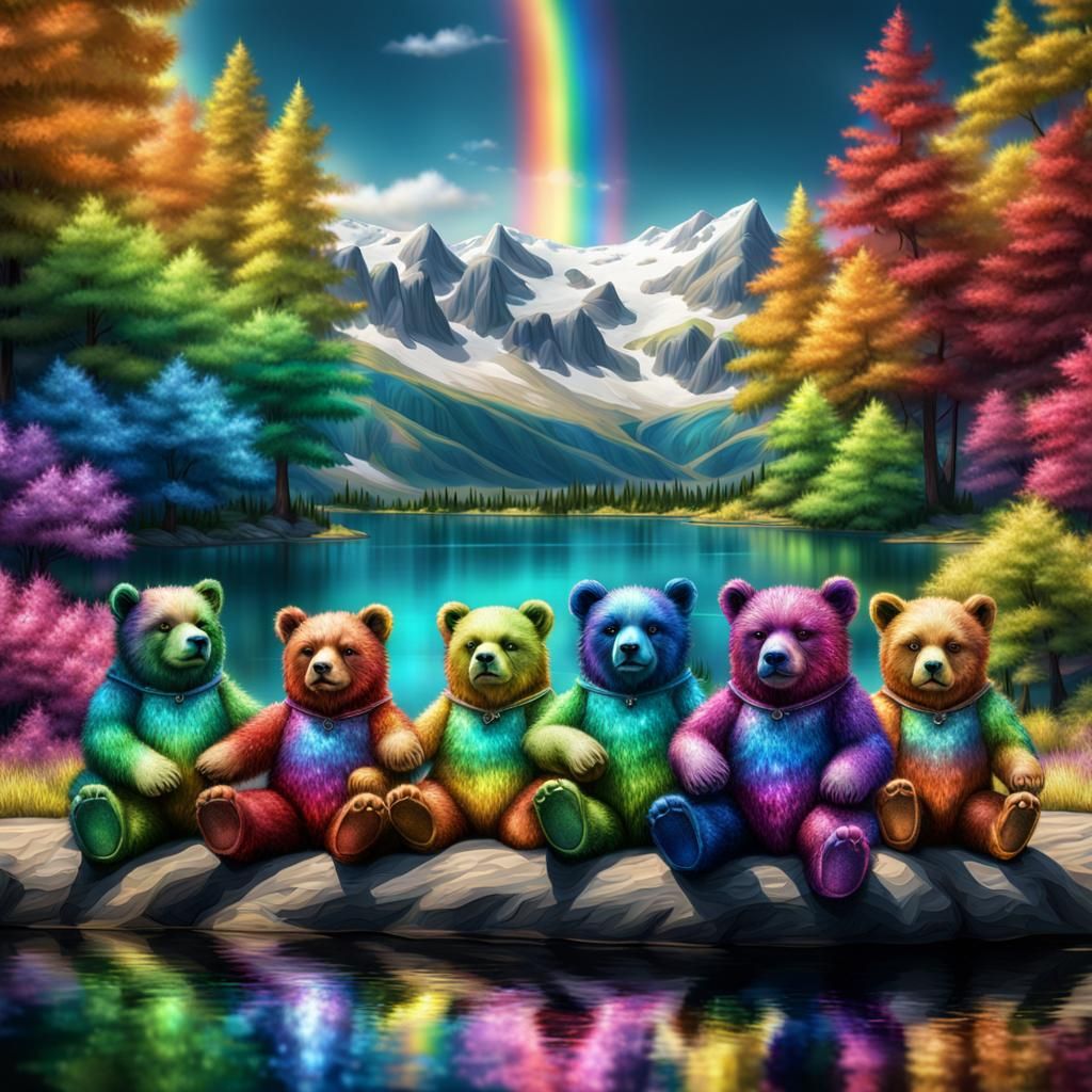Rainbow Glitter Bears Lounging by a Lake