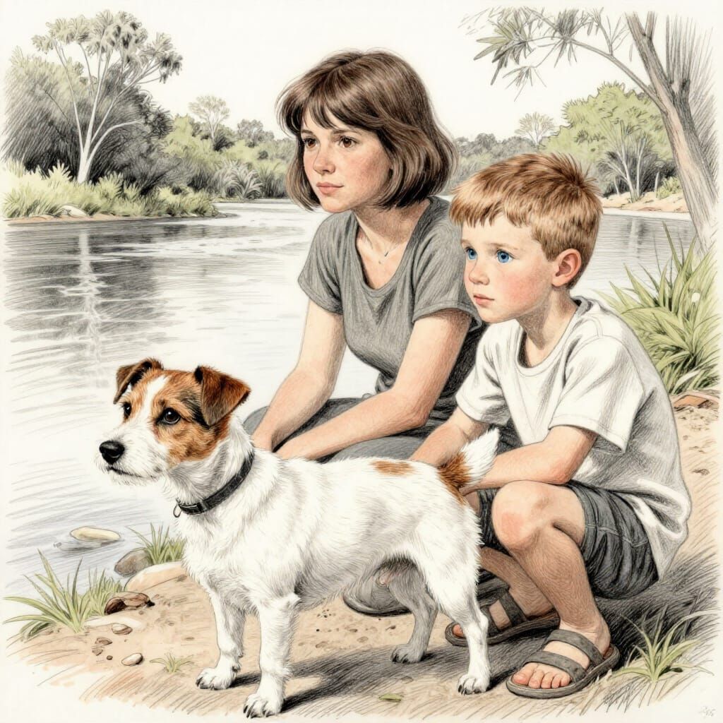 Family and Dog Enjoying Outback River Scene