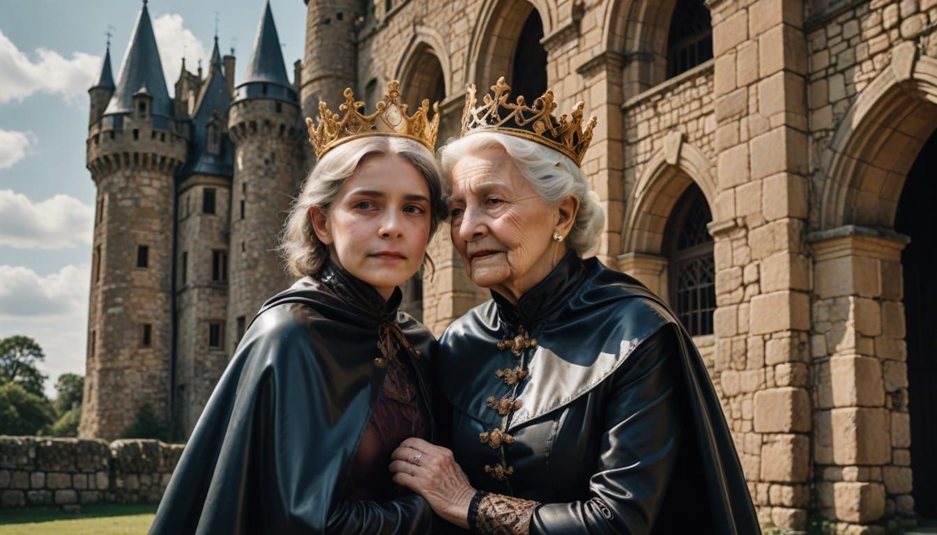 Young Girl in Victorian Latex Attire on Ancient Castle Hug