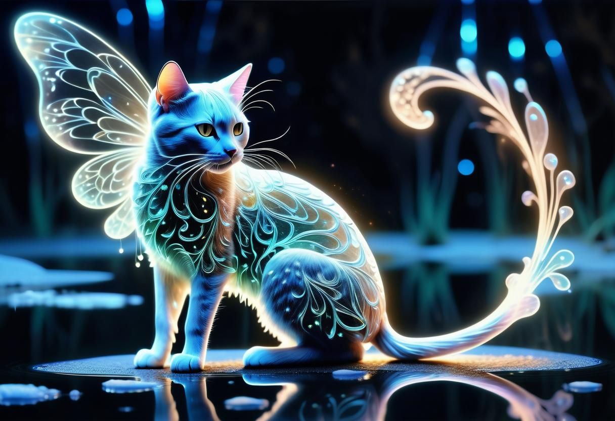 Glowing Neon Fairy Cat by Reflective Pond