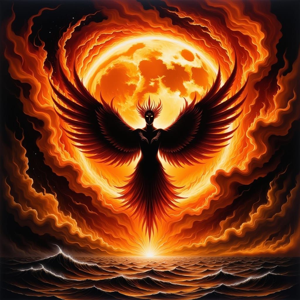 Ethereal Firebird Silhouetted in Golden Moonlight with Swirl...