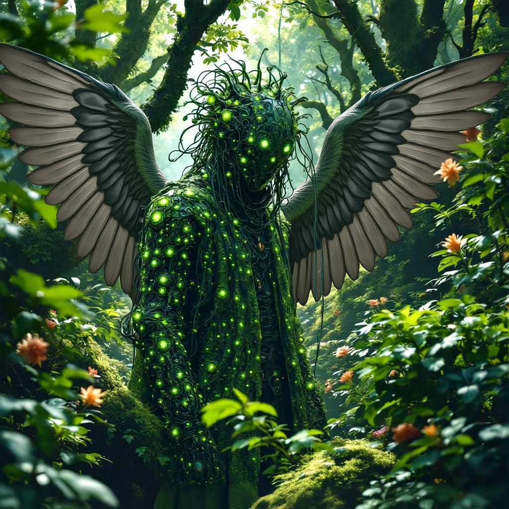 Druid-Cyberpunk Librarian Guarding Bio-Data Forest