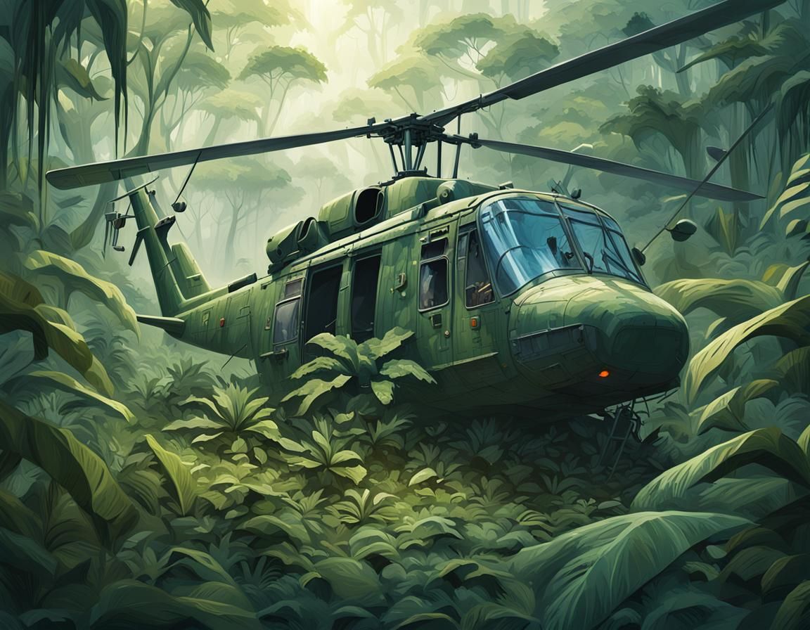 Crashed Huey Helicopter in Overgrown Jungle: Splash Art