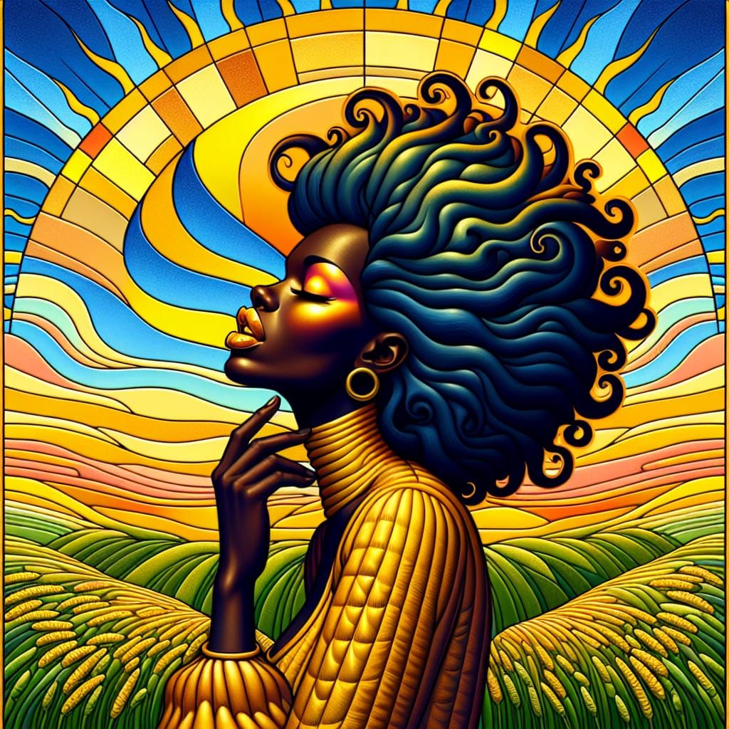 Surreal Art Nouveau Goddess in Vibrant Sunset Hues