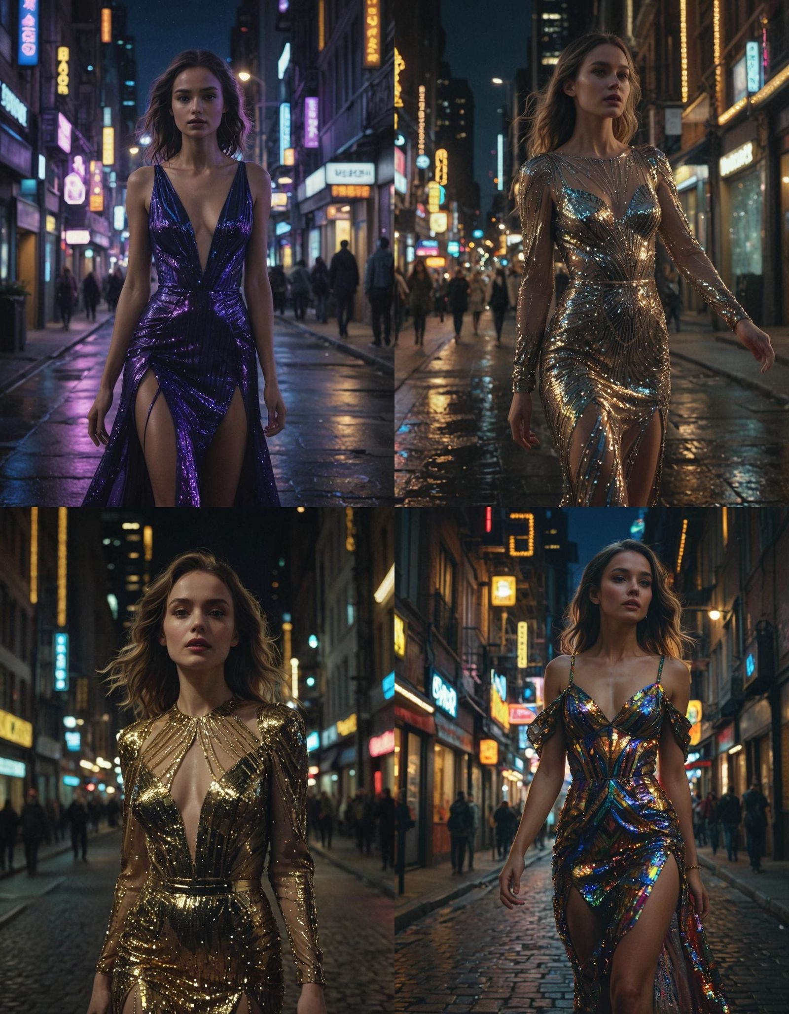 Elegant Woman Walks City at Night