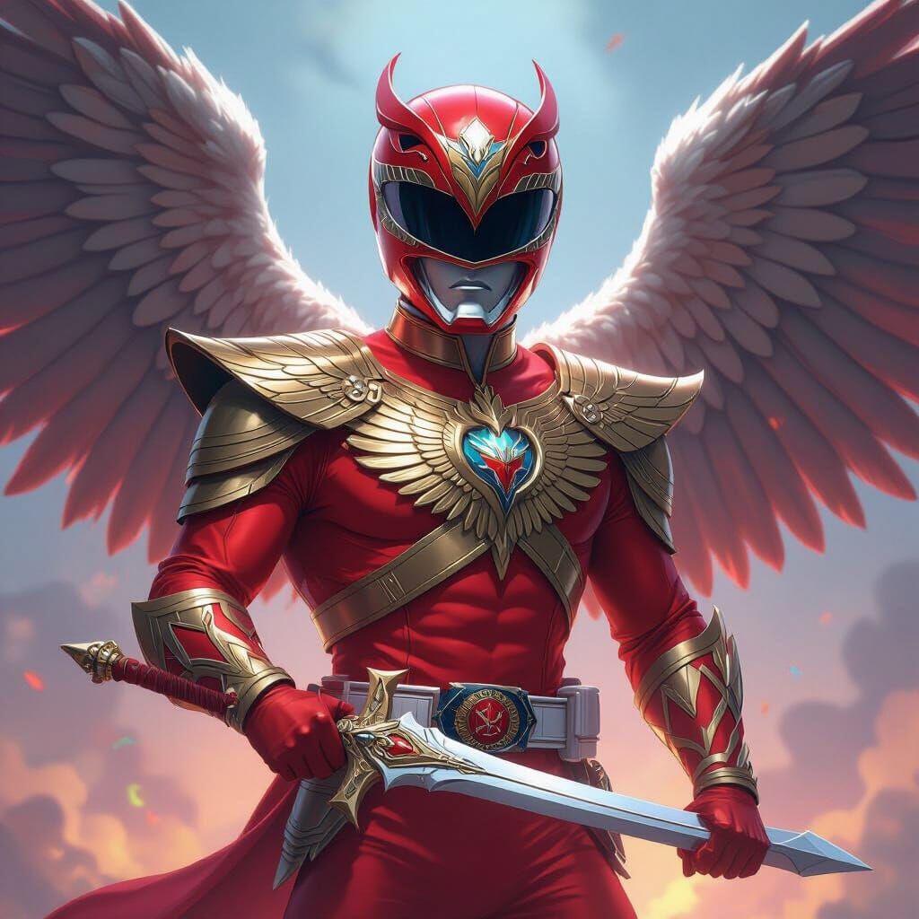 Red Ranger with Eagle Wings and Sword in Splash Art Style