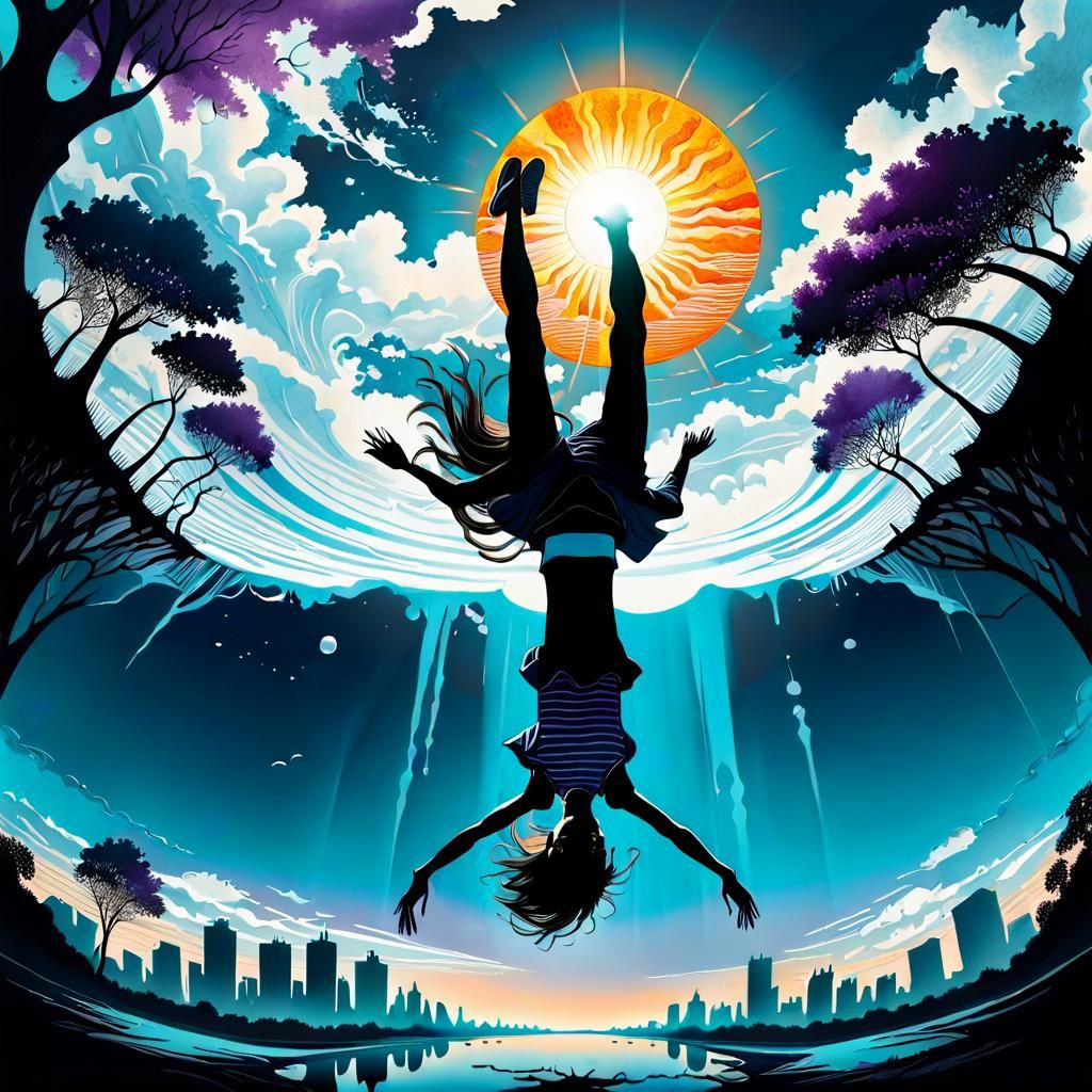 inverted, falling down, levitating, midair