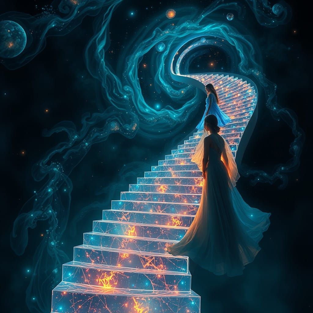 Ethereal Staircase Transcending Cosmic Realms in Cyberpunk D...