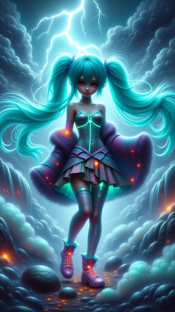 Futuristic Idol in Turbulent Thunderstorm Fantasy Scene