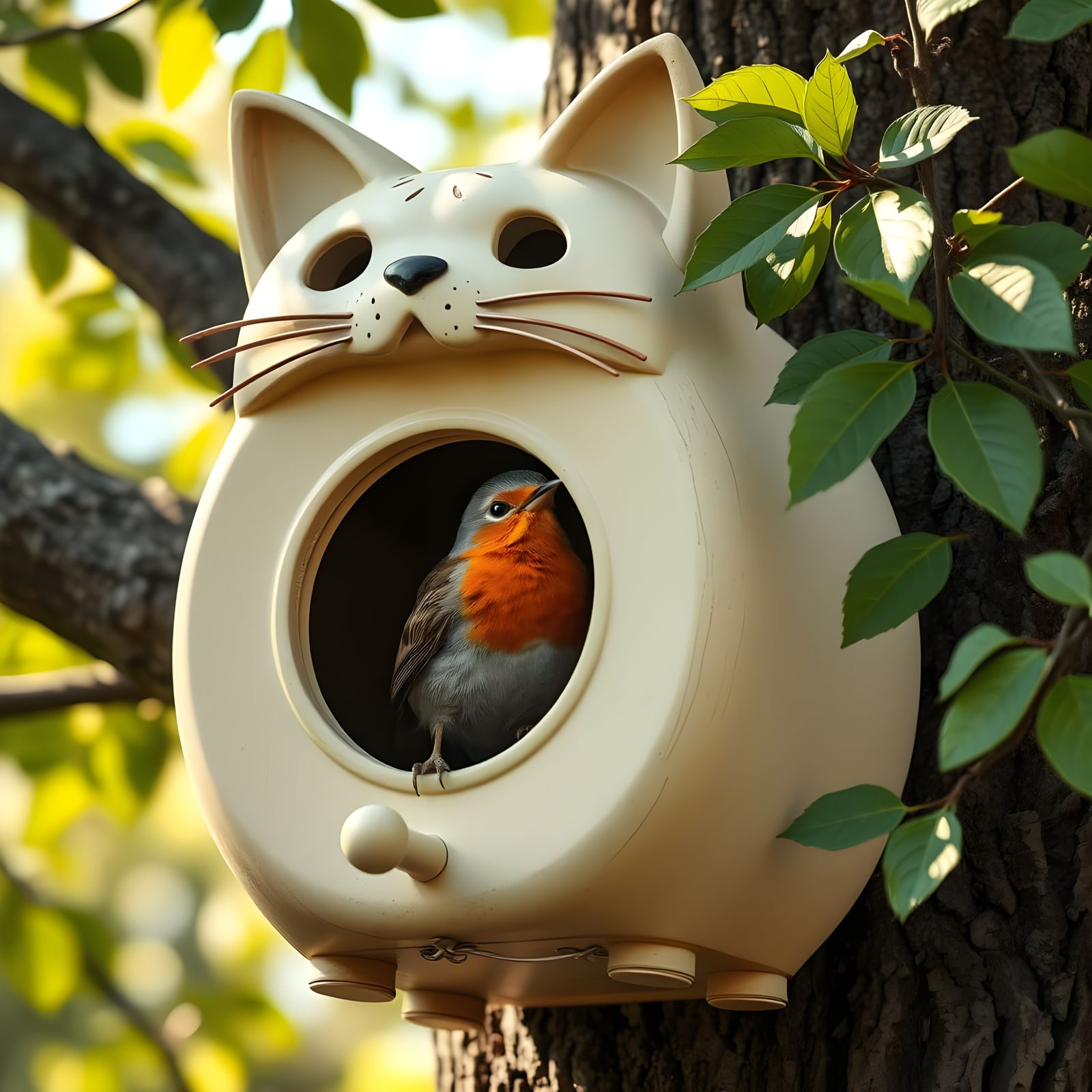 Cat Birdhouse with Robin, Photorealistic Scene