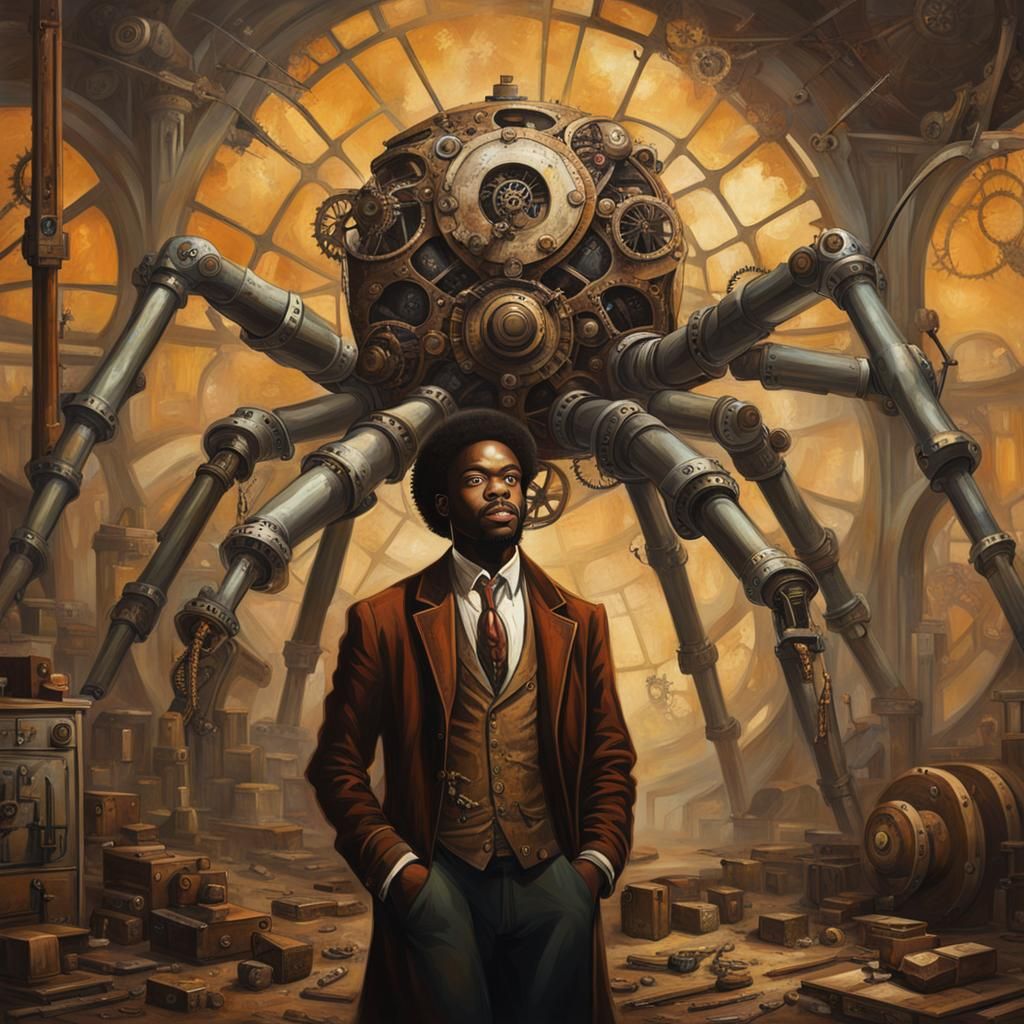 Steampunk Mechanical Spider Confrontation Painting