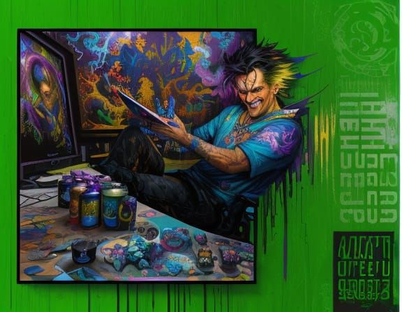 Graffiti Art Master Grinning at Hyperdetailed Desk Scene