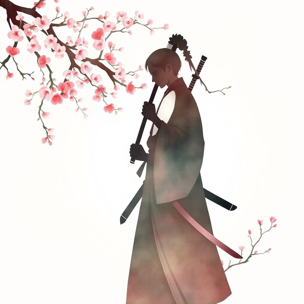 Whimsical Watercolor Portrait of a Swordmaster Amidst Cherry...