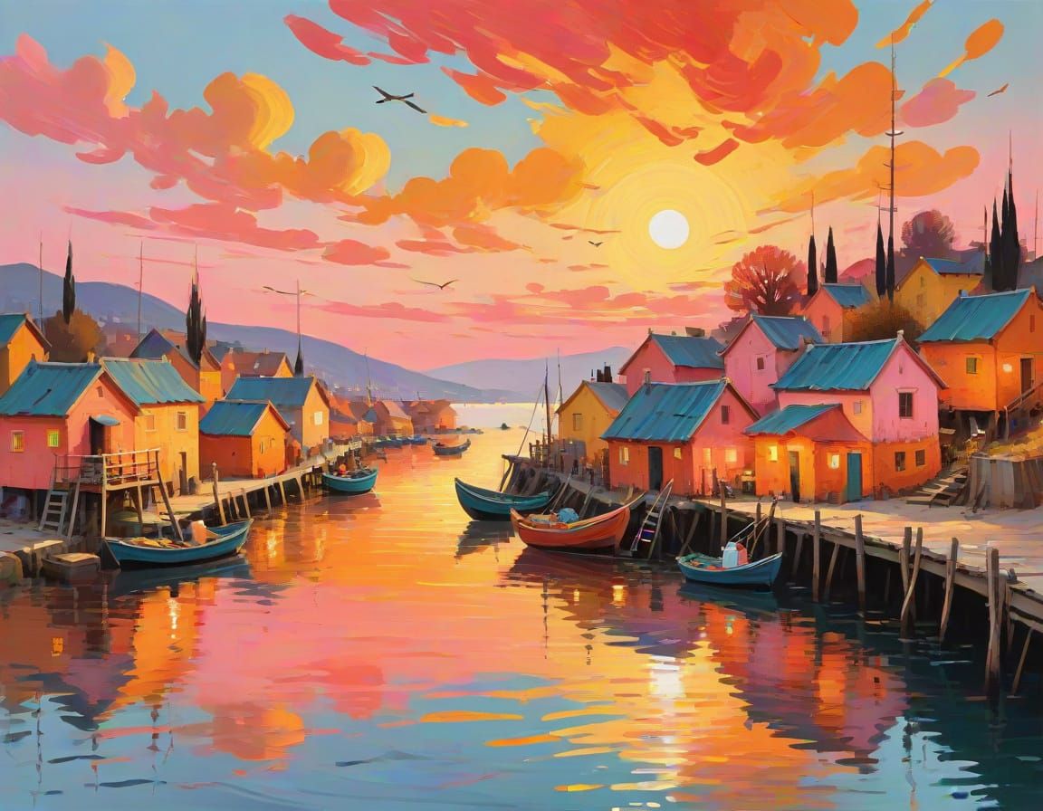 Impressionist Fishing Village Sunset in Gouache