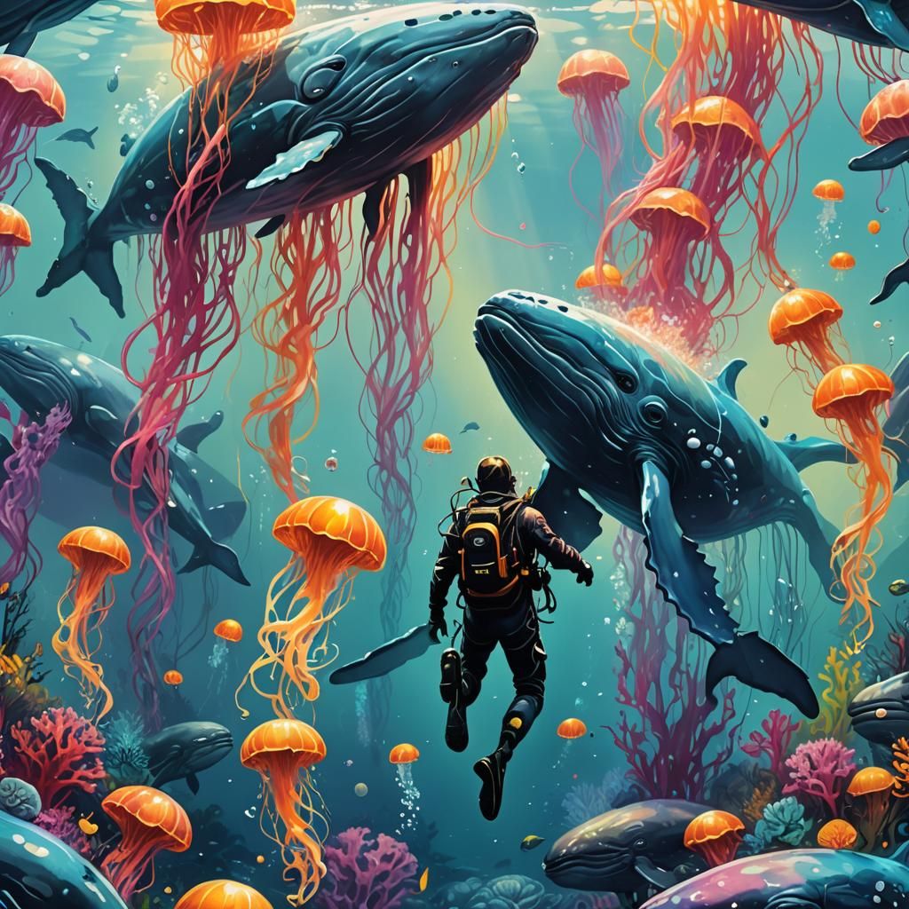 Diver and Whale in Glowing Graffiti Art