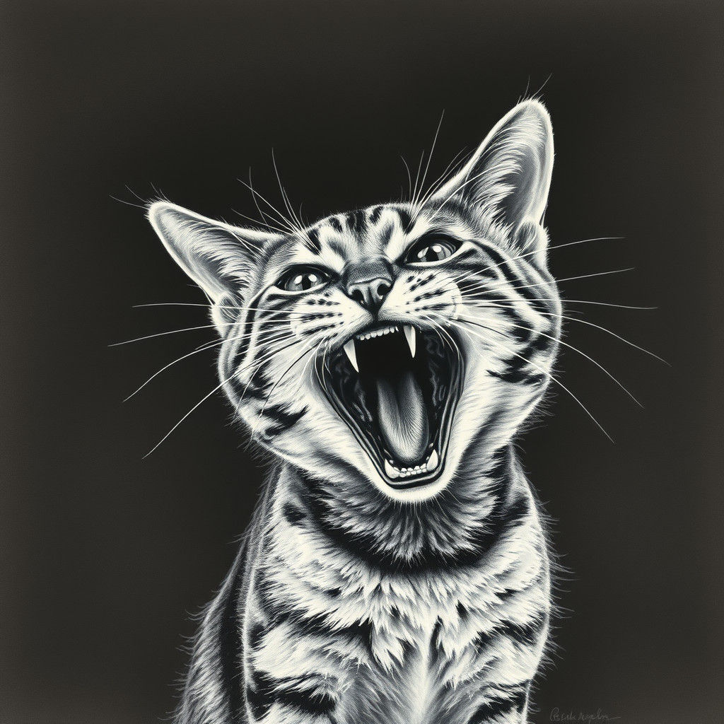 Hyper-Realistic Charcoal Drawing of a Frightened Cat
