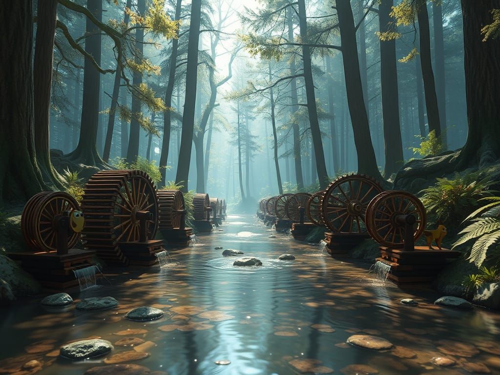 Whimsical Waterwheels in a Tranquil Forest Glade