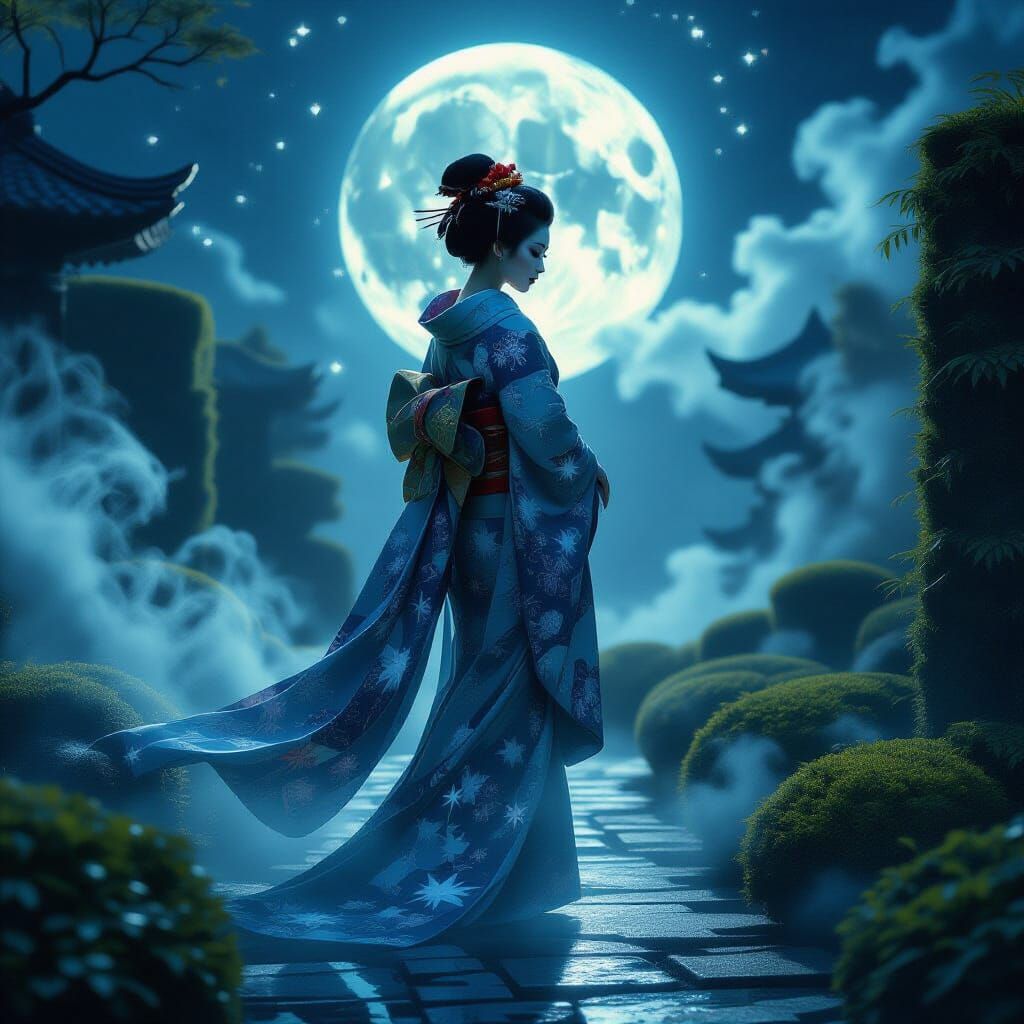 Spectral Geisha in Moonlit Garden of Cosmic Dread
