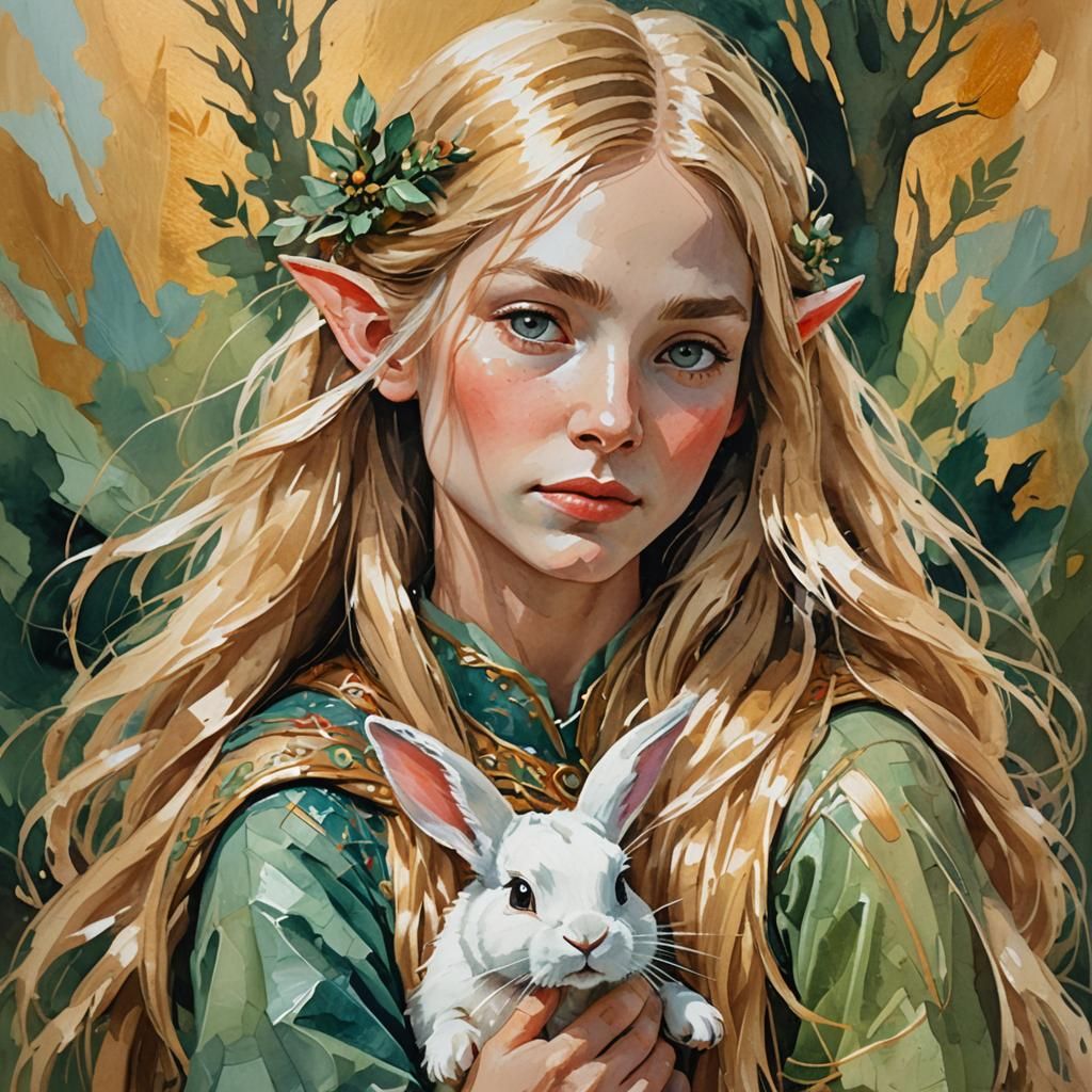 Elven Portrait Holding Bunny in Gouache Watercolor