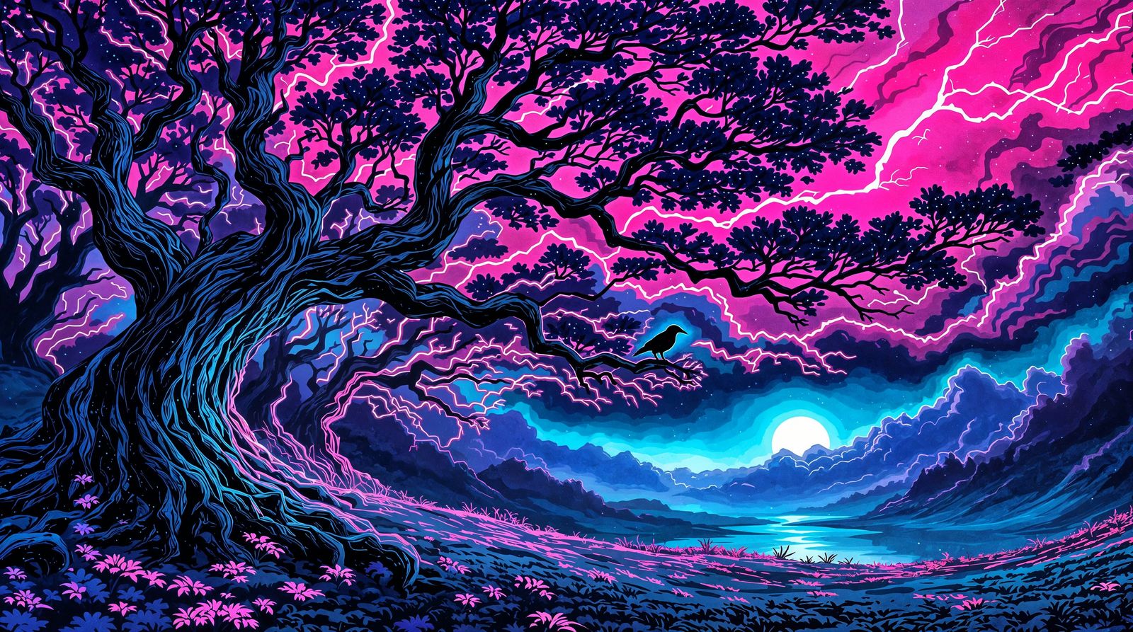 Ethereal Cedar Grove in Neon Ink Splendor