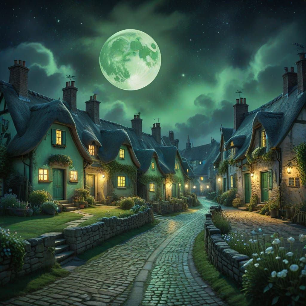 Green Moonlit Village in Watercolor Style