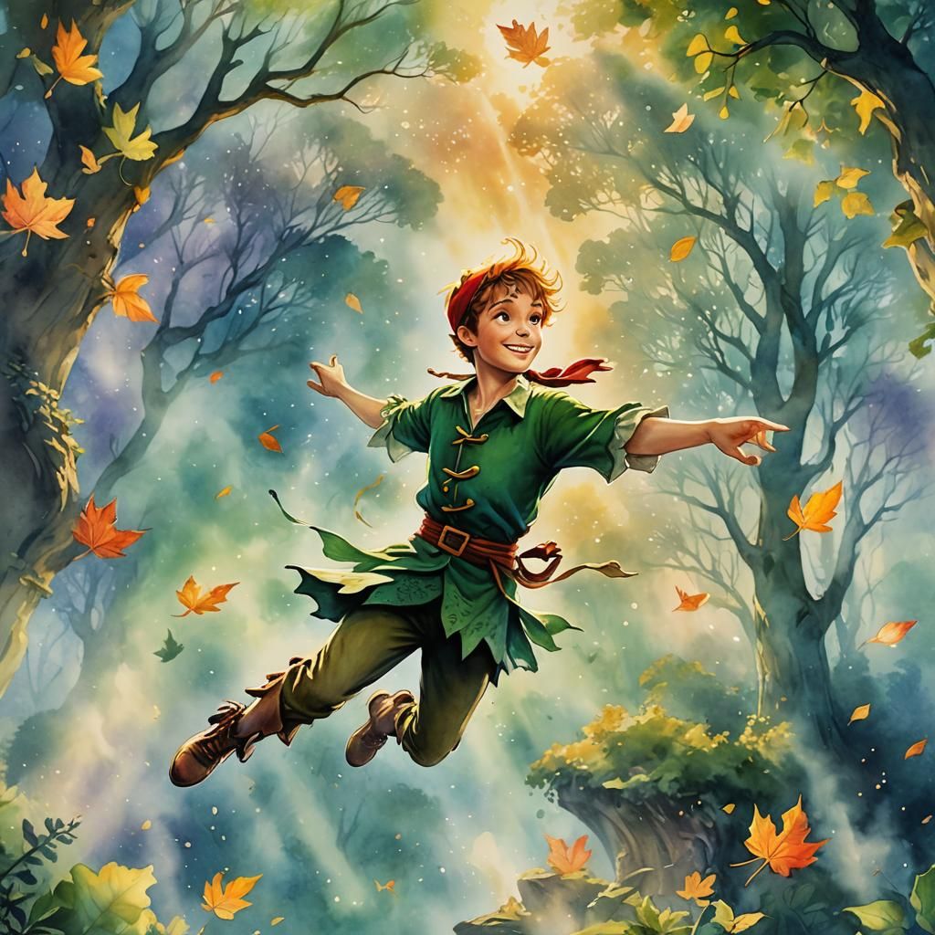 Peter Pan Flies in Neverland: Watercolor Art