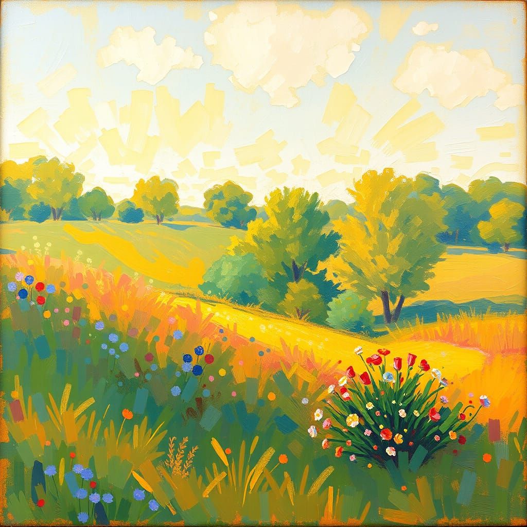 Impressionistic Landscape with Golden Light and Soft Brushst...