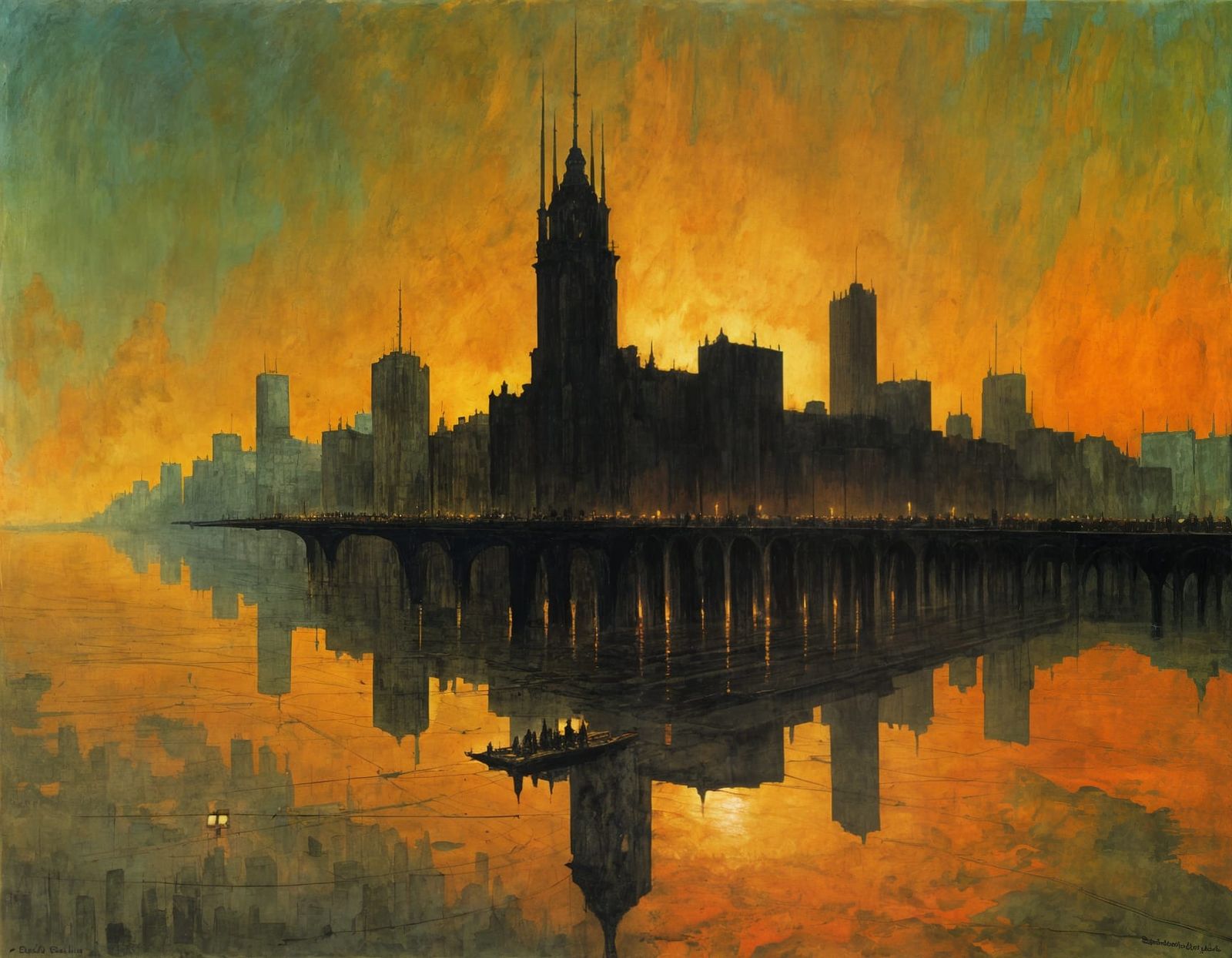 Ethereal Cityscape with Crepuscular Rays in Expressionist St...
