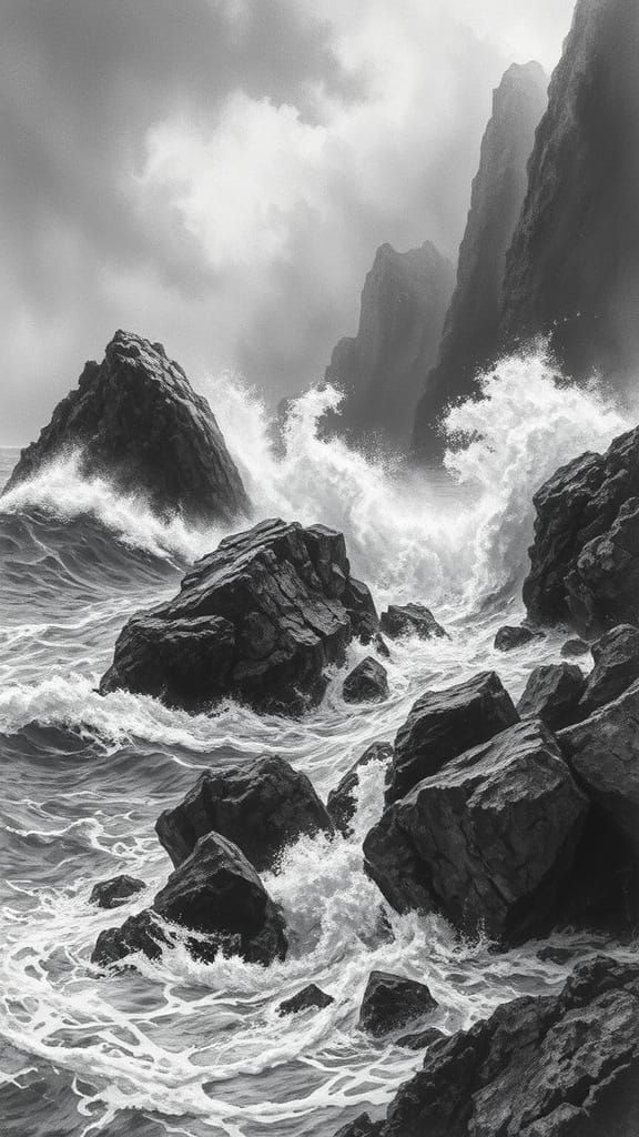 Stormy Ocean Landscape in Charcoal Drawing Style