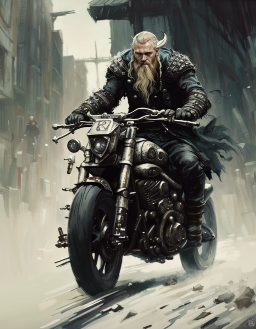 Viking Motorcycle Rider in Hyperrealistic Style