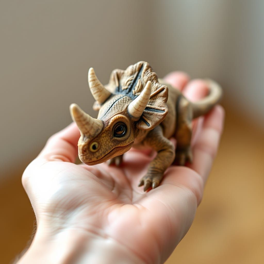 Tiny Triceratops in Gentle Human Embrace