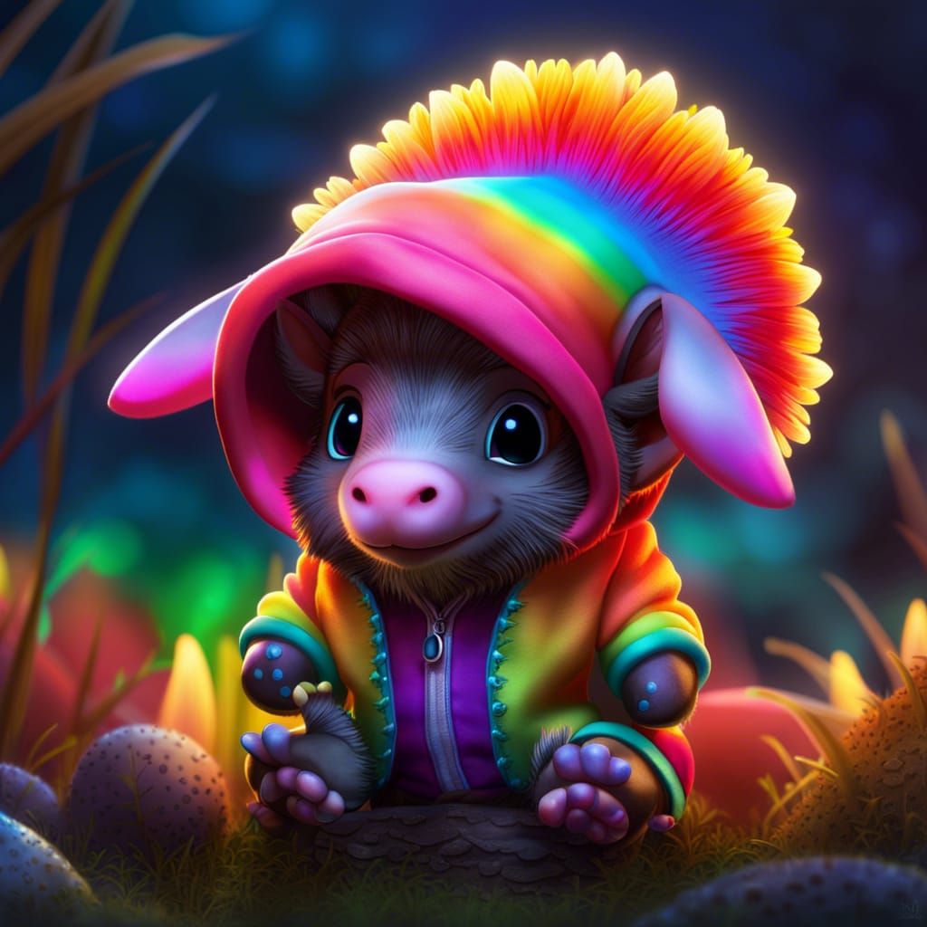 Rainbow Warthog in a Glowing Mushroom Twilight