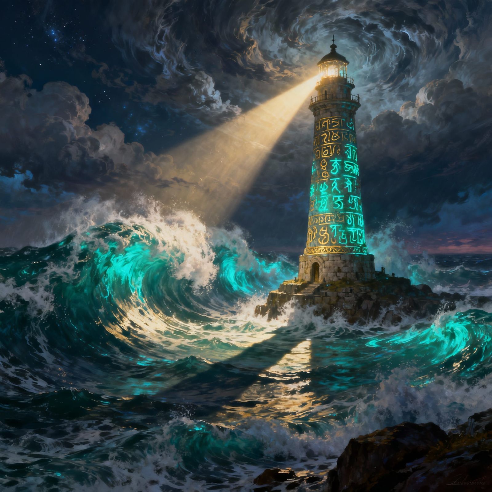 Fantasy Lighthouse Battles Magical Waves in Stormy Night