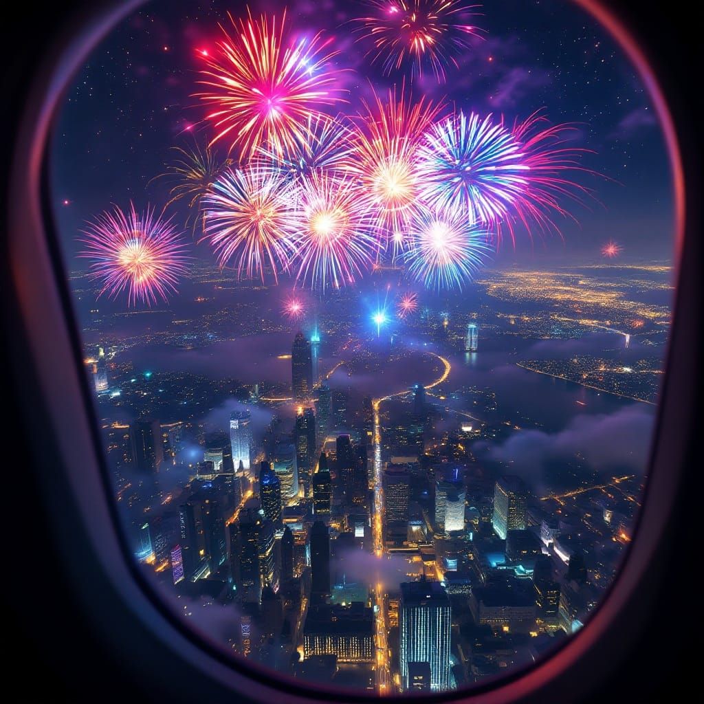 Dazzling New Year's Eve Cityscape with Vibrant Fireworks