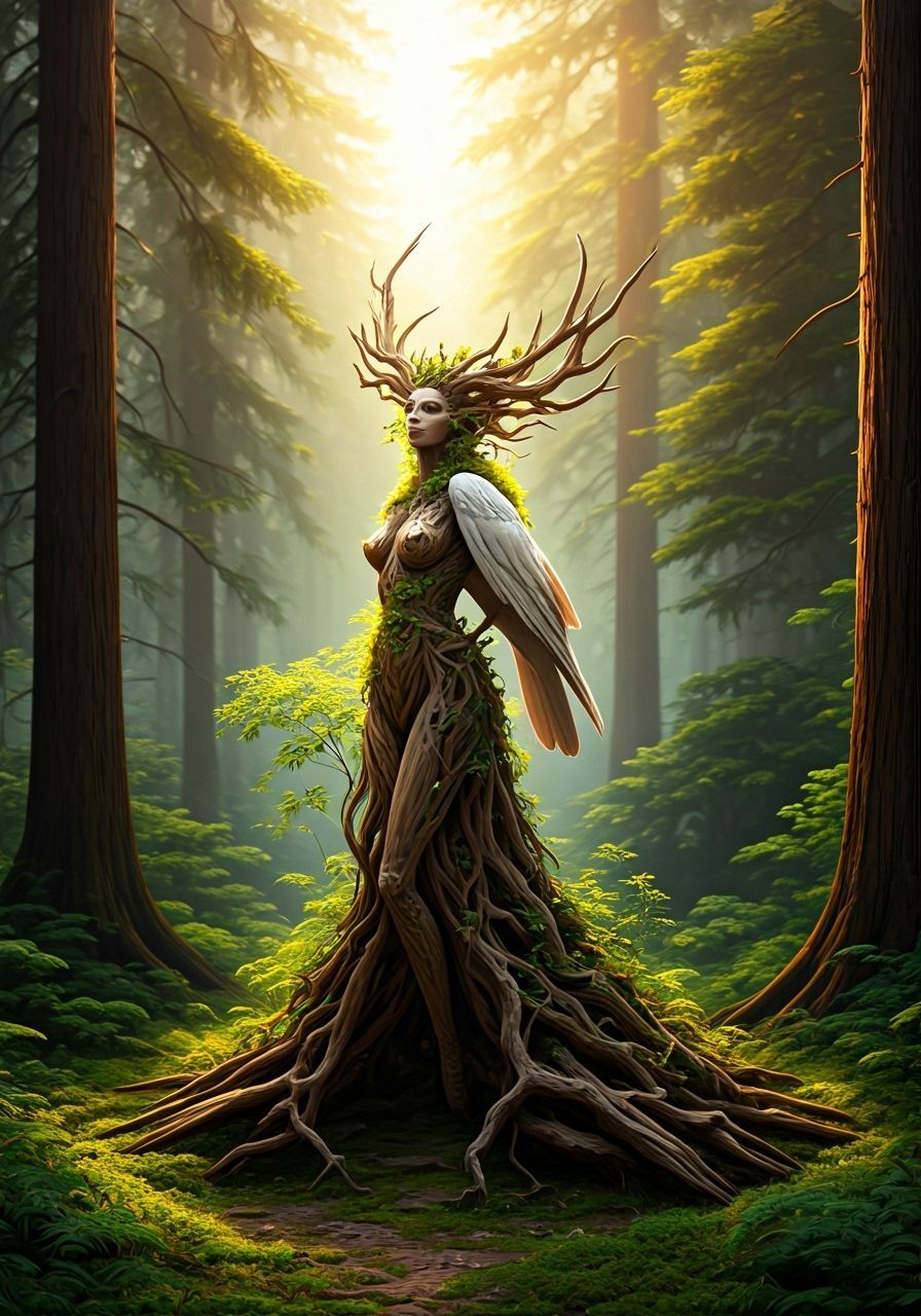 Albino Raven on Dryad Sculpture in Enchanted Forest