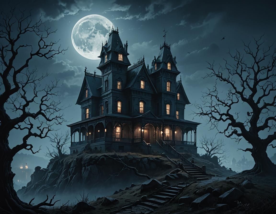 Haunted House on a Hill Under Full Moon