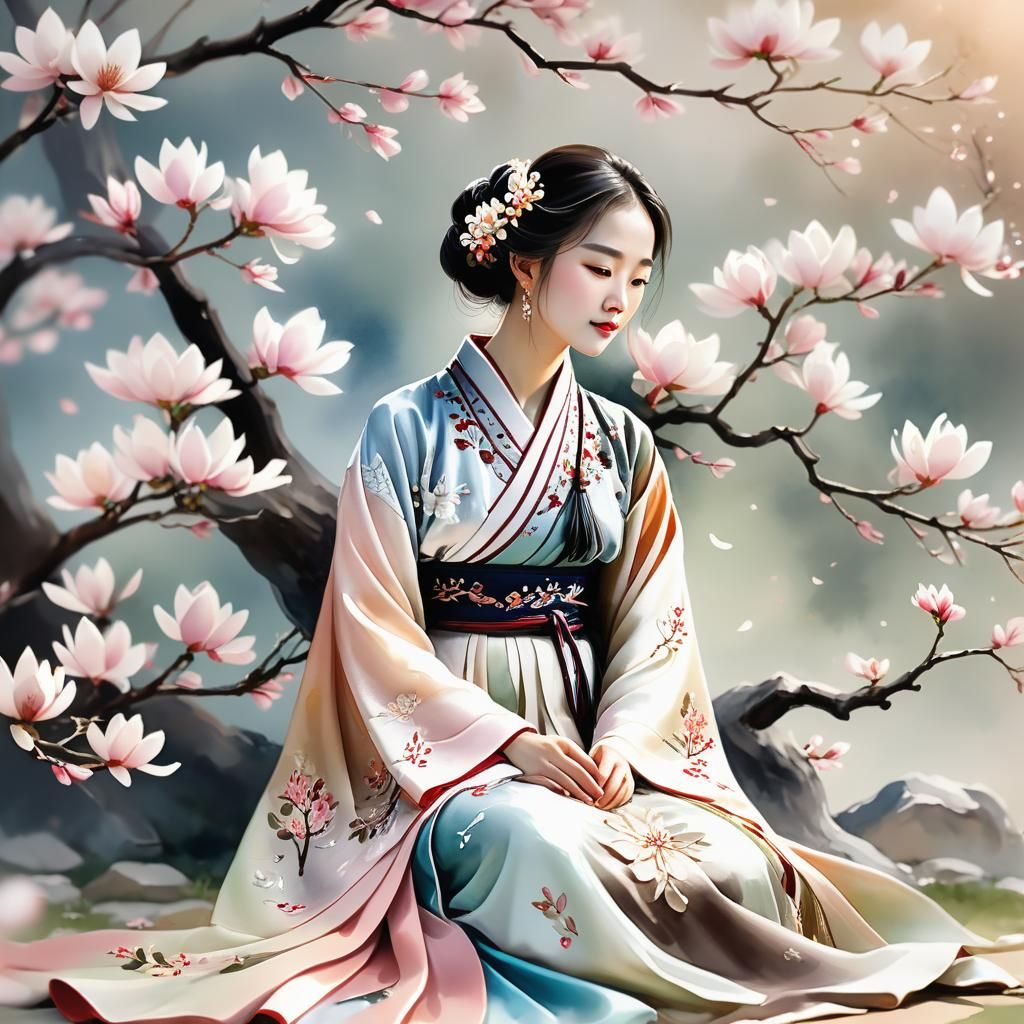 Lady in Hanfu by Magnolia Tree, Watercolor Art