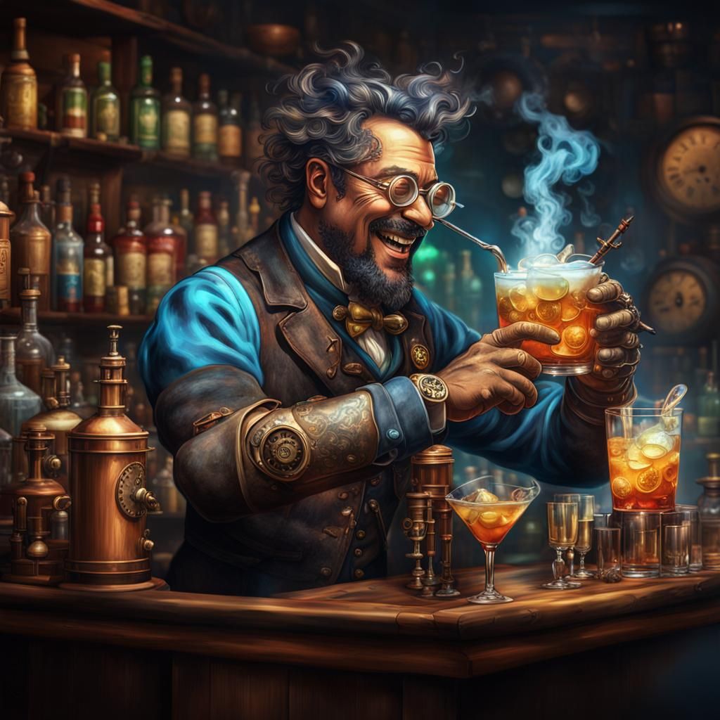 Steampunk Bartender Mixes Drinks in Hyperrealistic Style