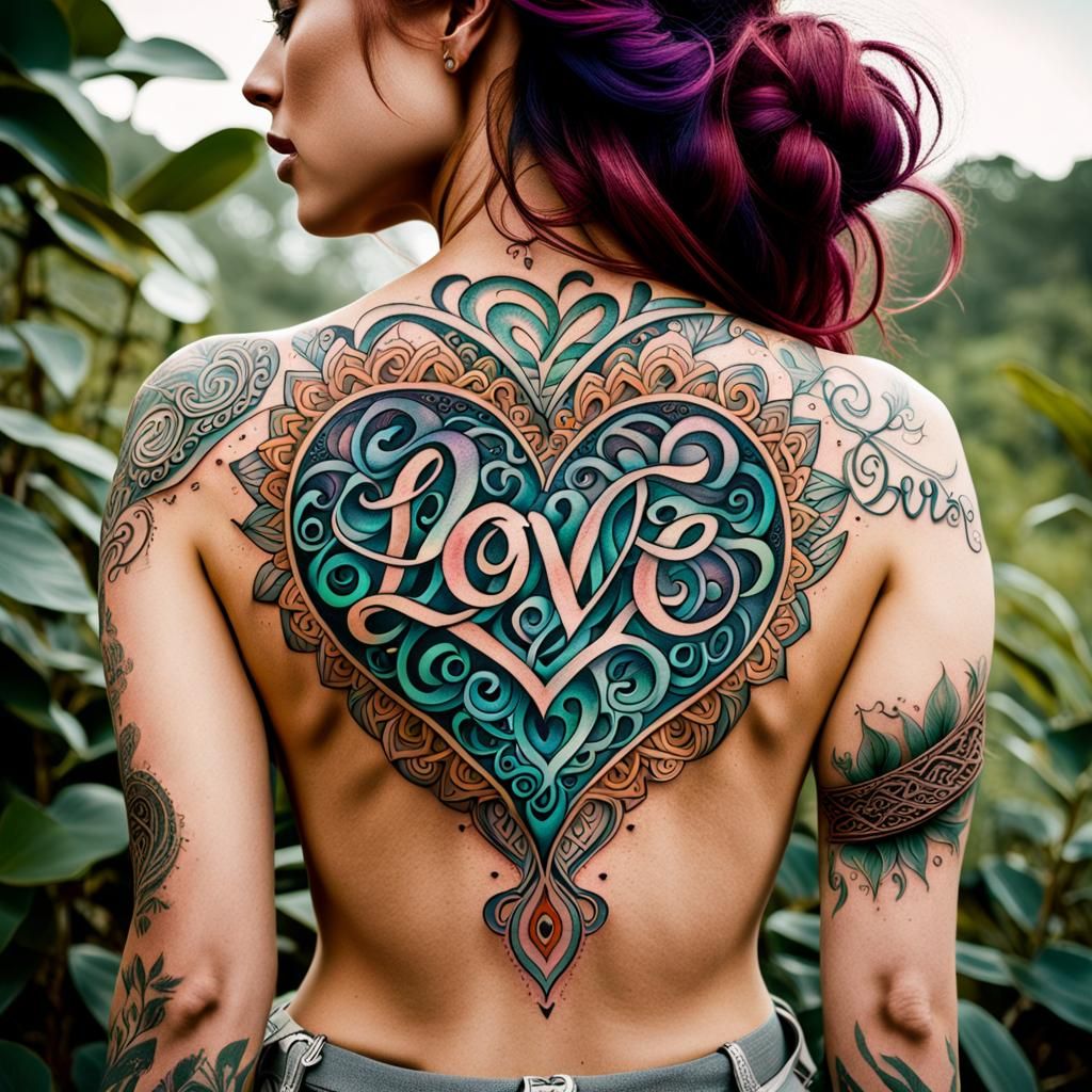 Bohemian Woman's Shoulder Tattoo with Psychedelic Heart
