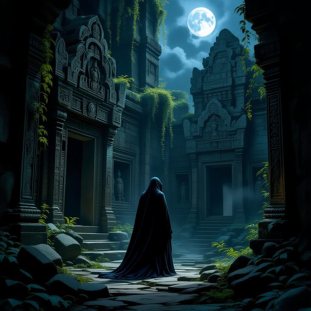 Cloaked Figure in Moonlit Ancient Temple, Dark Fantasy Oil P...