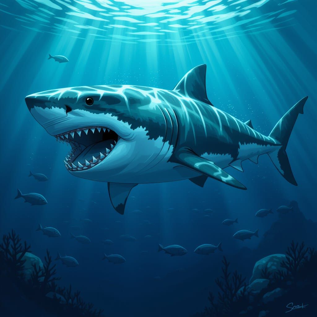 Gigantic Megalodon Shark Swimming in Deep Ocean