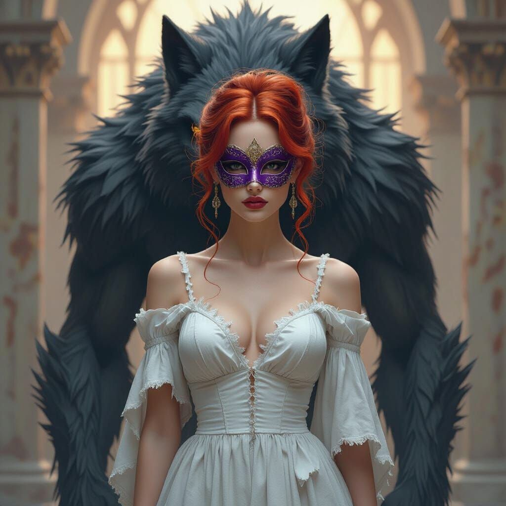 Woman in Masquerade Mask Faces Ominous Werewolf