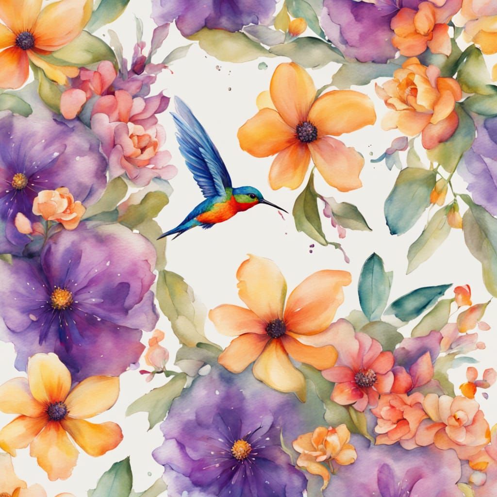 Floral Derby Hat with Hummingbirds in Watercolor Splash Art