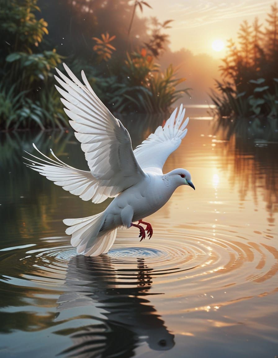Ethereal Dawn Lake with Glowing Dove in Surreal Style